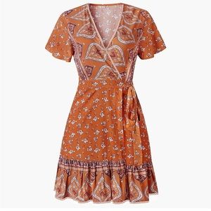 ZESICA Women's Summer Wrap V Neck Bohemian Floral Print A Line Beach Mini Dress